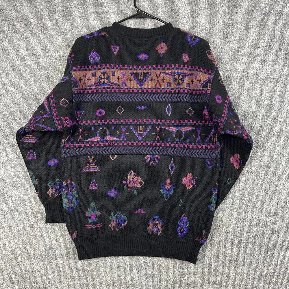 Vintage Bogner Sweater Mens Small Black Fair Isle Knit Crewneck Hong Kong 80s - Picture 4 of 9